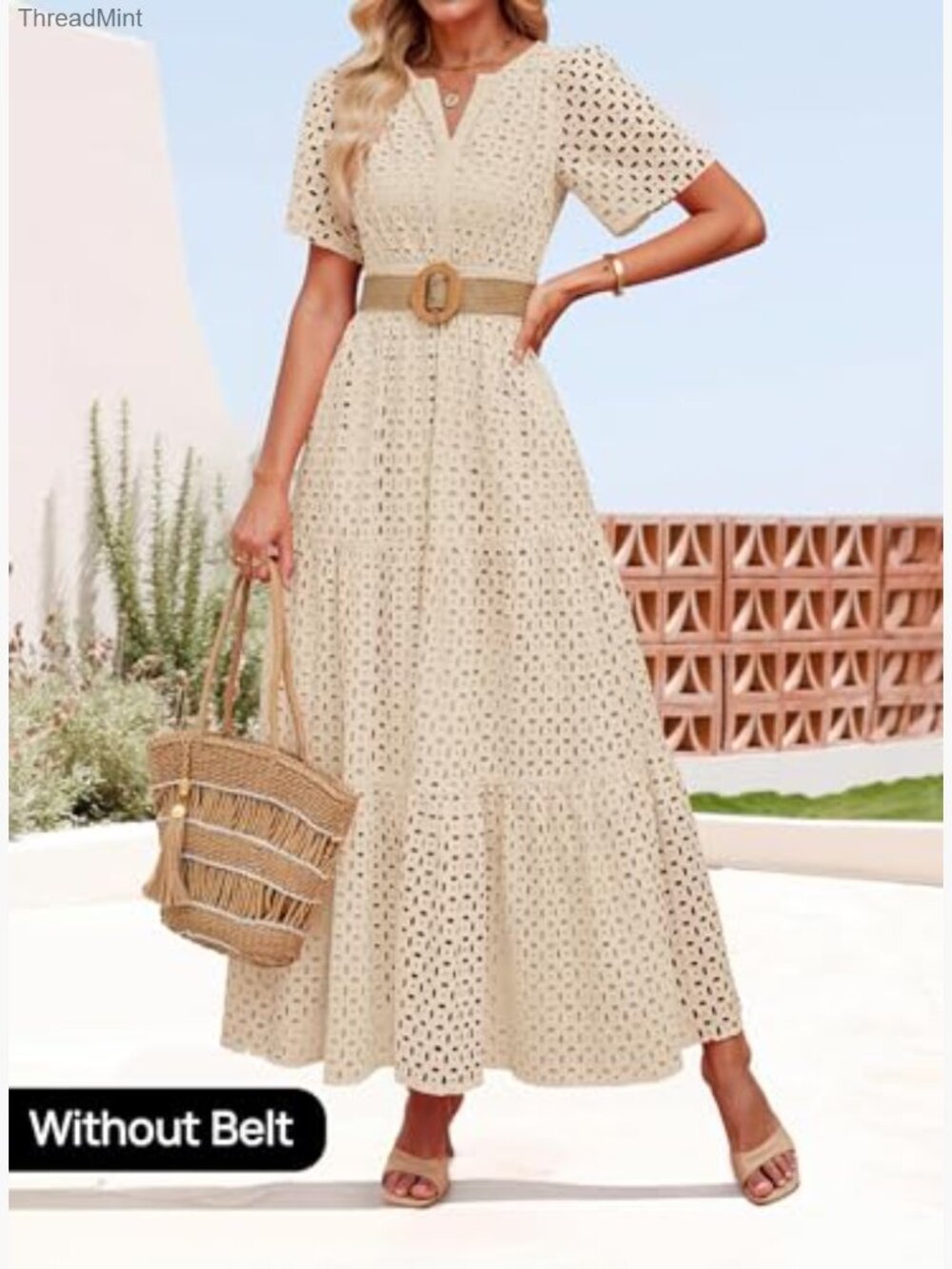 Summer Maxi Dress V Neck Short Sleeve Eyelet Ruffle A Line Casual - Picture 2 of 7